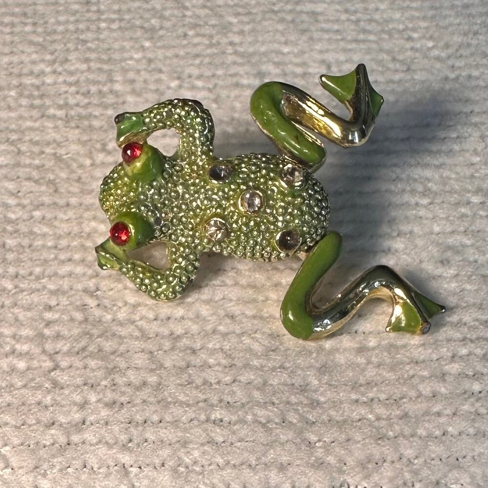 Vintage Articulated Frog Brooch Green Enamel Rhinestone Moving Legs Pin
